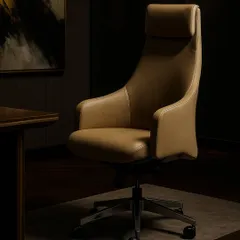 We believe an executive chair should be a statement of both comfort and authority. This high-back leather chair is set in a premium office space, featuring sculpted lines and ergonomic support for leaders who make important decisions.