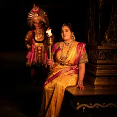 A seated portrait of Meghana Raj from the Navratri shoot, the flame illuminating her thoughtful expression and traditional attire.