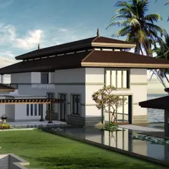 A modern reinterpretation of Balinese architecture, designed to immerse you in nature's tranquillity. This rendering shows how the structure's open pavilions and water features create a seamless connection to the outdoors.