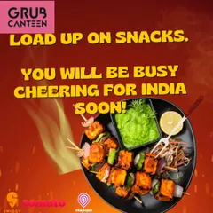 A promotional image for enjoying a cricket match with my snacks. It features Paneer Tikka and encourages fans to stock up on food for the game.