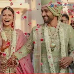 The joy on this couple's face is infectious. A beautiful Varmala moment filled with laughter and falling petals.