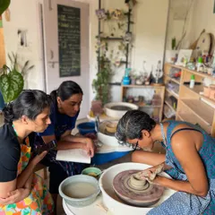 A collage of images showing the different types of pottery learning experiences we offer, from 4 hour workshops to our 50 hour and 1000 hour professional courses.