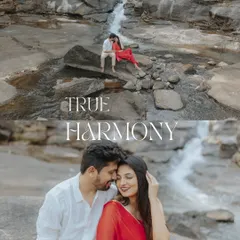 True harmony found in nature and in each other. This dual-frame image captures both a wide, scenic view and an intimate close-up from their waterfall pre-wedding session.