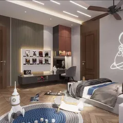 A bedroom is not just for sleeping; it's a space that reflects character. This kids' bedroom is designed for play and creativity, featuring a neon astronaut light, a rocket-themed rug, and a dedicated area for displaying collectibles and doing homework.
