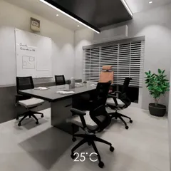 A 3D visualization of a professional conference room. This render demonstrates our ability to plan functional spaces with key elements like a large meeting table, ergonomic chairs, and a whiteboard, ensuring the design meets the client's practical needs.