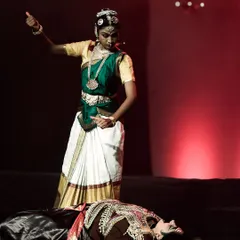 A dramatic scene from 'Shakti Stuti', depicting the battle between the Goddess and a demon. Dance dramas allow us to tell epic stories through movement and expression.