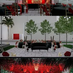 A side-by-side comparison of the 3D render and the actual event setup for a bold and dramatic 'Red Jungle Disco' Sangeet. I deliver exactly what I promise.