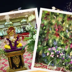 This collage captures the blend of divinity and nature in our decor, featuring a beautifully adorned Ganesha idol and a lush green floral wall.