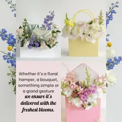 We believe floral gifts can be presented in unique ways. This image shows some of our creative arrangements, including flowers styled in elegant envelopes and chic paper bags for a modern twist on the classic bouquet.