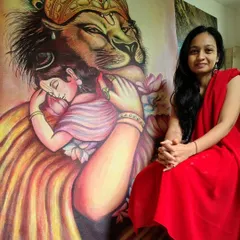 This 7x3.5 ft painting of Lord Narsimha protecting Bhakt Prahlad was a special commission for a newborn's room. It tells a powerful story of devotion and divine protection, and I hope it showers the little one with blessings.