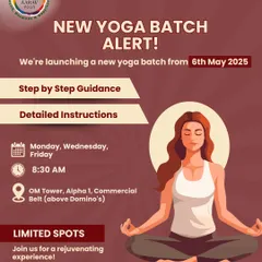 "New Yoga Batch Alert!" This graphic announces the start of a new morning batch at our studio, inviting new and returning students to join us for a rejuvenating experience.