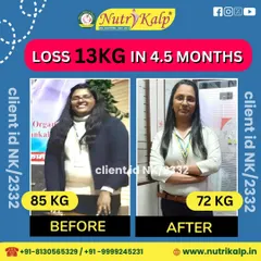 A loss of 13 kg in 4.5 months. This client's transformation from 85 kg to 72 kg is a result of a customized diet that focused on her health goals and lifestyle.