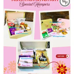 A collage showcasing the variety of my special Rakshabandhan hampers. It displays different packaging options, from elegant boxes to festive trays, all filled with a mix of chocolates, snacks, and designer rakhis.