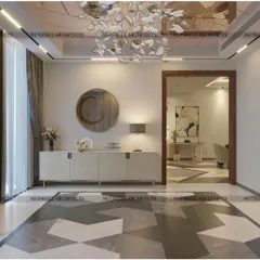 Another view of the foyer, highlighting a sleek white console table and a modern circular mirror. This area provides a stylish and functional space for welcoming guests and setting down essentials.