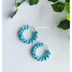 A beautiful pair of macrame spiral knot hoop earrings in a lovely sky blue. These are lightweight, trendy, and comfortable enough to be worn all day.