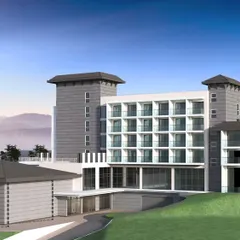 A render for a proposed 70-key boutique hotel nestled in a hilly landscape. The design features clean lines and terraced levels that follow the natural contour of the land, maximizing views and minimizing environmental impact.