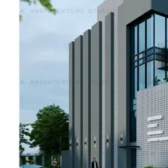 This is a 3D visualization for a commercial building, focusing on a facade with strong vertical lines. The design uses grey panels to create a sense of height and modernity, complemented by large glass windows for a transparent, corporate feel.