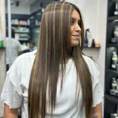 Another angle of this beautiful highlight work. Notice how the placement of the lighter pieces around the face brightens her complexion. This is what a strategic hair color consultation can achieve.