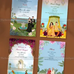 Make your dream wedding unforgettable with our personalized touch. This collage showcases a full set of static invites, from the Save the Date and welcome event to the Haldi and Pheras, all with a cohesive, beautiful theme.