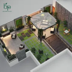 This top-down 3D render shows how I plan a complete terrace layout. You can see the different zones I designed, including a glass-covered seating area, an open-air lounge, vertical green walls, and a mix of turf and tile flooring.