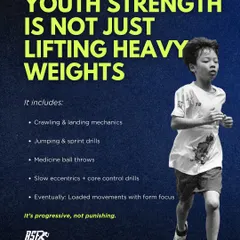 Youth strength training is not just about lifting heavy weights. It includes crawling and landing mechanics, jumping and sprint drills, and medicine ball throws. It's a progressive system, not a punishing one.