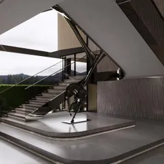 This view showcases the intricate engineering of the Meraki staircase. The structure appears to float, with glass balustrades ensuring an unobstructed view of its powerful, modern form and the landscape beyond.