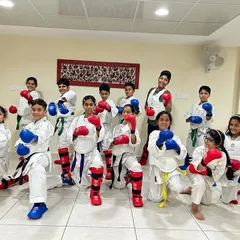 Our young karateka geared up and ready for Kumite practice. We emphasize safety with proper protective gear like gloves, shin guards, and headgear.