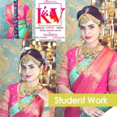 A stunning example of a student's work, showcasing a beautiful pink and green bridal look. I guide my students on color theory so they can create harmonious looks for any outfit.