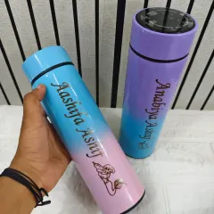 These temperature-display bottles feature a beautiful gradient color scheme. They are personalized with names and small graphics, making them a unique and functional accessory.