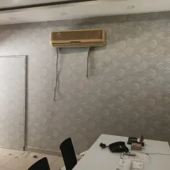 The same leaf-patterned wallpaper used in an office setting.