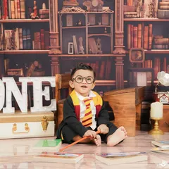 A wider view of the magical library setup for the Harry Potter first birthday shoot. The "ONE" sign adds a special touch to this fantasy theme.