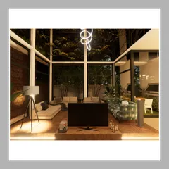 The same living space at night transforms into a warm, inviting sanctuary. The strategic lighting highlights the architectural details and the connection to the softly lit garden outside, creating a perfect ambiance for relaxation.