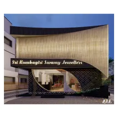 The facade at dusk, where integrated lighting transforms the structure into a beacon of luxury. The warm light catches the golden fins, creating a visual rhythm that is both elegant and modern, promising a premium experience within.
