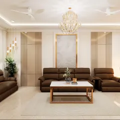 This is a 3D render I created for a client in Hyderabad, showing a complete living room concept. The design focuses on a warm, inviting atmosphere with elegant lighting, a statement chandelier, and a balanced layout for the sofa set.