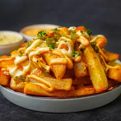 A tempting bowl of loaded fries topped with mayonnaise, jalapeños, and herbs, shot with dramatic lighting.
