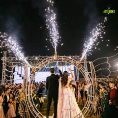 The grand finale of a Sangeet night, with the couple making a spectacular exit through an arch of cold pyros. We love creating these 'wow' moments.