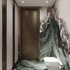 These renders explore a dramatic powder room, showcasing the continuation of the bold, artistic marble from the floor up the wall. The different angles reveal the curved wood paneling and the unique freestanding sink.