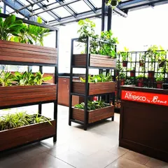 These tiered, freestanding planter units were designed for the entrance of Alfresco by Bene. They serve as natural space dividers, guiding guests into the restaurant while introducing a multi-level display of lush greenery.