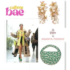 Another look inspired by "Call Me Bae." Ananya Panday's bold, layered outfit is complemented by my floral crystal earrings and a unique green and white woven wrist bag.