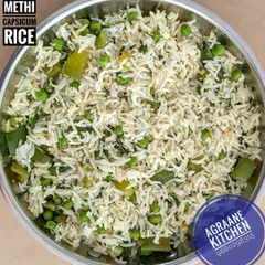 This is my special Methi Capsicum Rice, a light and healthy rice dish flavored with fresh fenugreek leaves, capsicum, and green peas. It's a simple yet delicious meal for lunch or dinner.