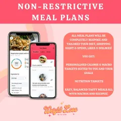 My meal plans are completely bespoke and non-restrictive. They are tailored to your diet, shopping habits, and likes, with personalized calorie targets and easy, tasty recipes.