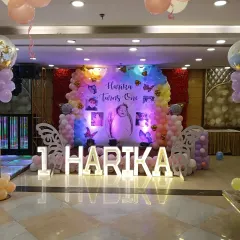 A beautiful butterfly theme for Harika's first birthday celebration. This setup includes a month-by-month photo display on the backdrop, letting everyone see how much the little one has grown.