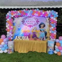 An outdoor Disney Princess party for Anaya. The decoration includes a large backdrop with Cinderella, Jasmine, and Rapunzel, framed by a colorful balloon arch that stands out beautifully on the lawn.
