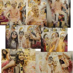 A collage showcasing the high-energy moments of a rocking Haldi function. From being lifted by friends to getting completely covered in haldi, these photos are all about capturing the wild and happy memories.