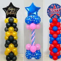 A showcase of three different styles of balloon pillars. These standalone decorations are great for adding a festive touch to any corner of your party space.