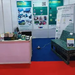 Our exhibition stall at the UP Global Investors Summit 2023, where we displayed our recycled bench and planters to potential investors and partners.