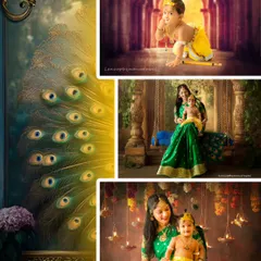 This collage showcases the magic of a Krishna-themed photoshoot, from a mother and child as Yashoda and Krishna to a divine portrait of the little one, highlighting our creative and cultural sessions.