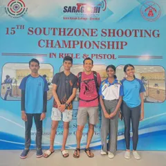 Our team at the 15th Southzone Shooting Championship in Chennai. We travel to competitions together, fostering a strong sense of team unity.