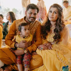 Our adorable client is all set for a Haldi ceremony in his custom-fit printed kurta and yellow Bundi. We specialize in creating the perfect personalized outfit to make sure your kid steals the spotlight.