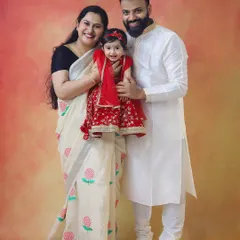 Prem ka sabse sundar roop hai RADHA. ❤️ A beautiful family dressed in traditional Indian outfits for a Janmashtami photoshoot, celebrating with their little Radha.